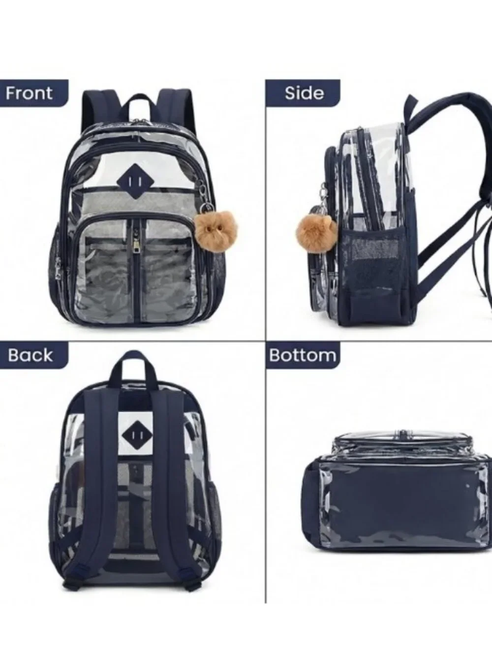 New: Clear Backpack with Navy Blue Trim - Fits 15" Laptop - Picture 10 of 10